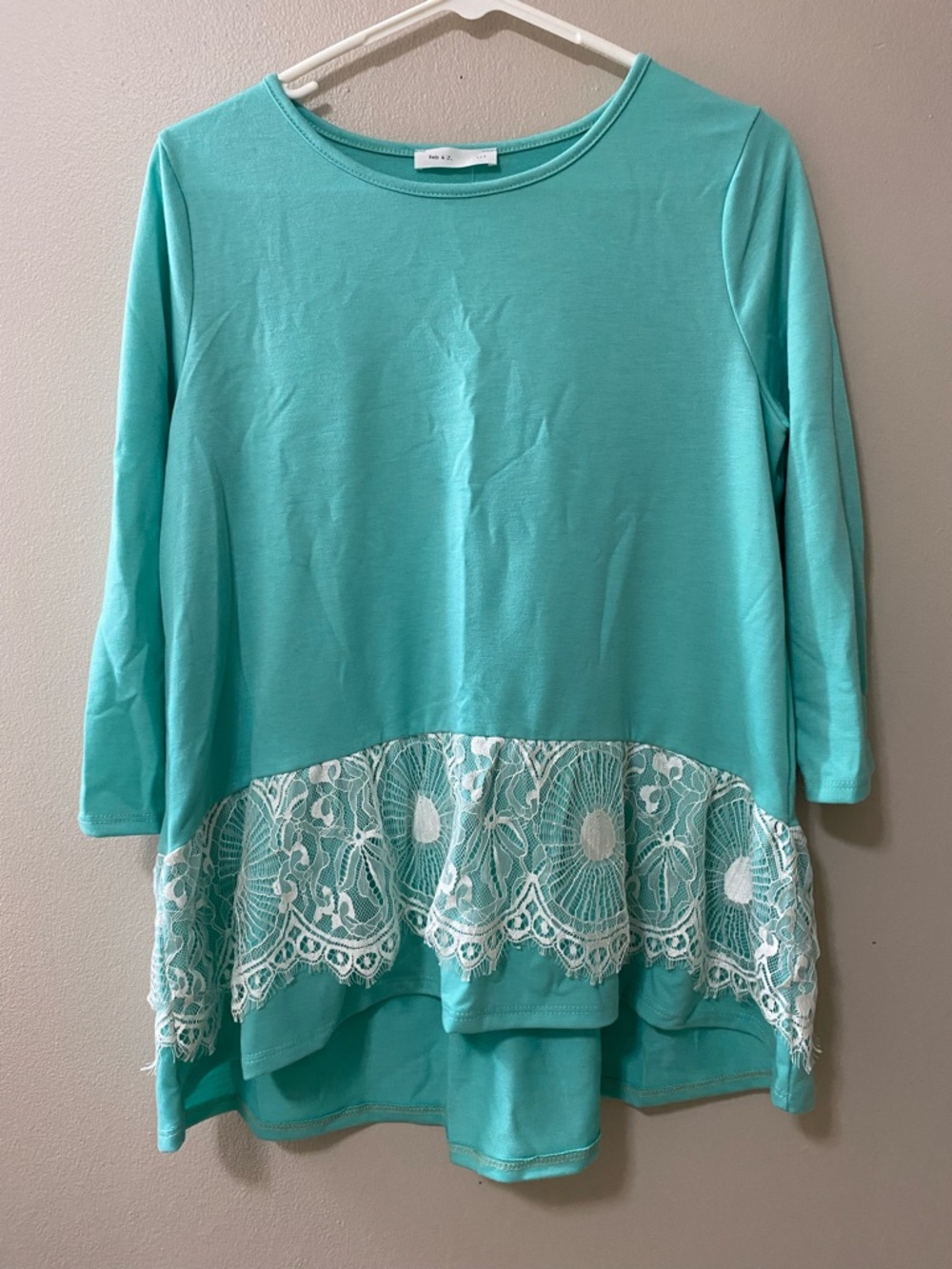 Boho womens tunic top shirt size small lace teal 3/4 sleeve cottagecore coastal